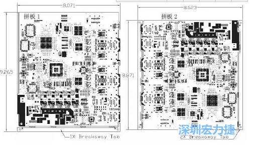 如圖7所示是使用不同數(shù)量邊條的拼板，拼板1僅使用了一個(gè)邊條，直接利用PCB另一邊作為SMT工藝傳送邊，并且PCB圖形中有合適的安裝孔；而拼板2則是按常規(guī)設(shè)計(jì)了兩個(gè)邊條。拼板方式為連接筋。圖中“Breakaway Tab”指邊條-深圳宏力捷