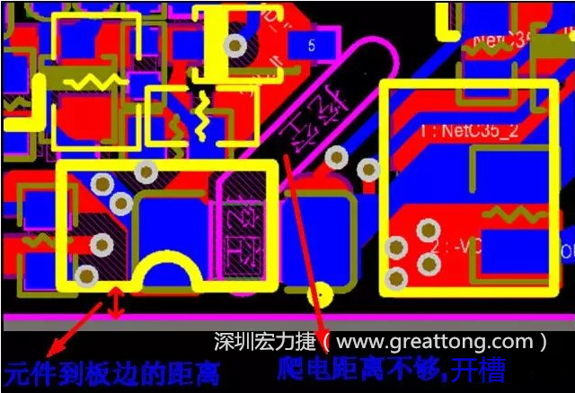 如果碰到模塊PCB空間有限，爬電距離不夠，可以采用開槽的方式