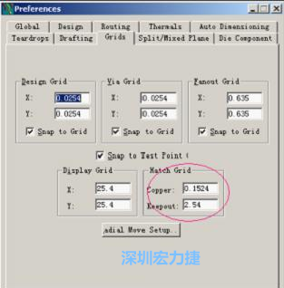  改銅皮的填充網(wǎng)格Global→Design Units，填充方向Drafting→Direction；Hatch Grid中Copper此數(shù)值為大銅箔中所填充的線條中心到中心的距離。